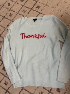 Talbots Light Blue Crewneck Sweater with pink “Thankful" Script